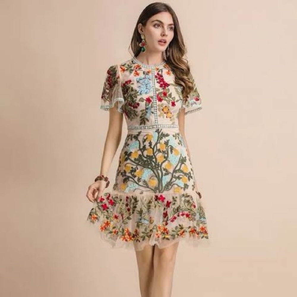 Designer floral and mesh embroidered mini dress